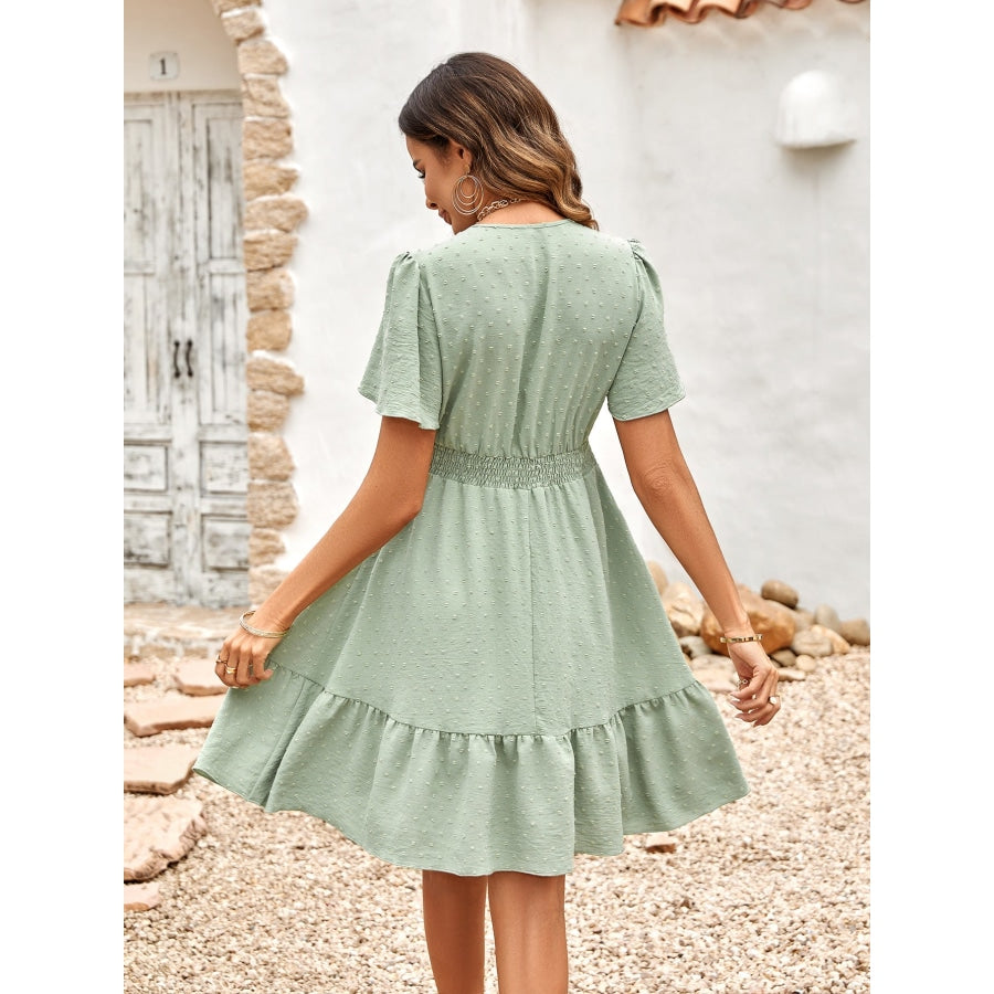 Swiss Dot V-Neck Openwork Puff Sleeve Dress