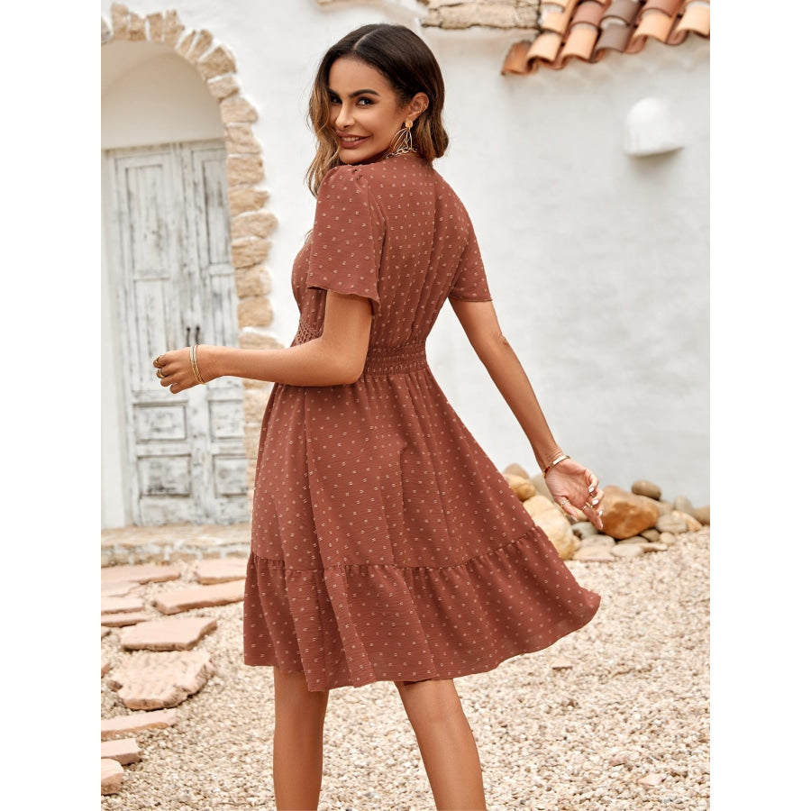 Swiss Dot V-Neck Openwork Puff Sleeve Dress