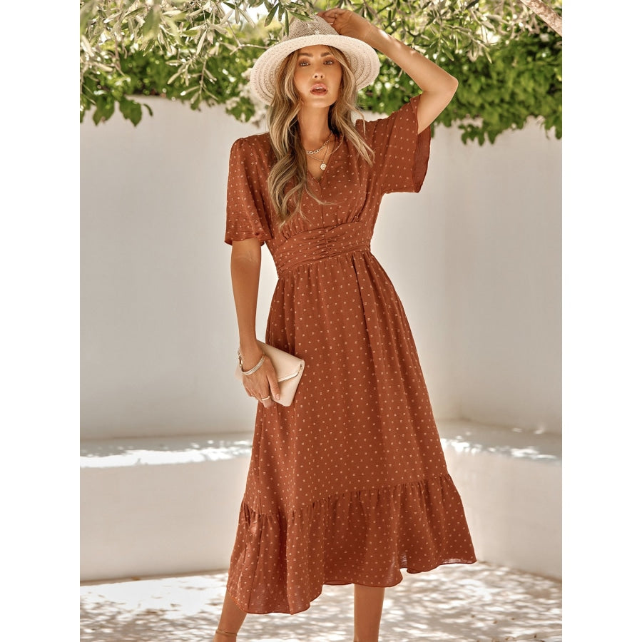 Swiss Dot V-Neck Ruffle Hem Dress Rusty Orange / S