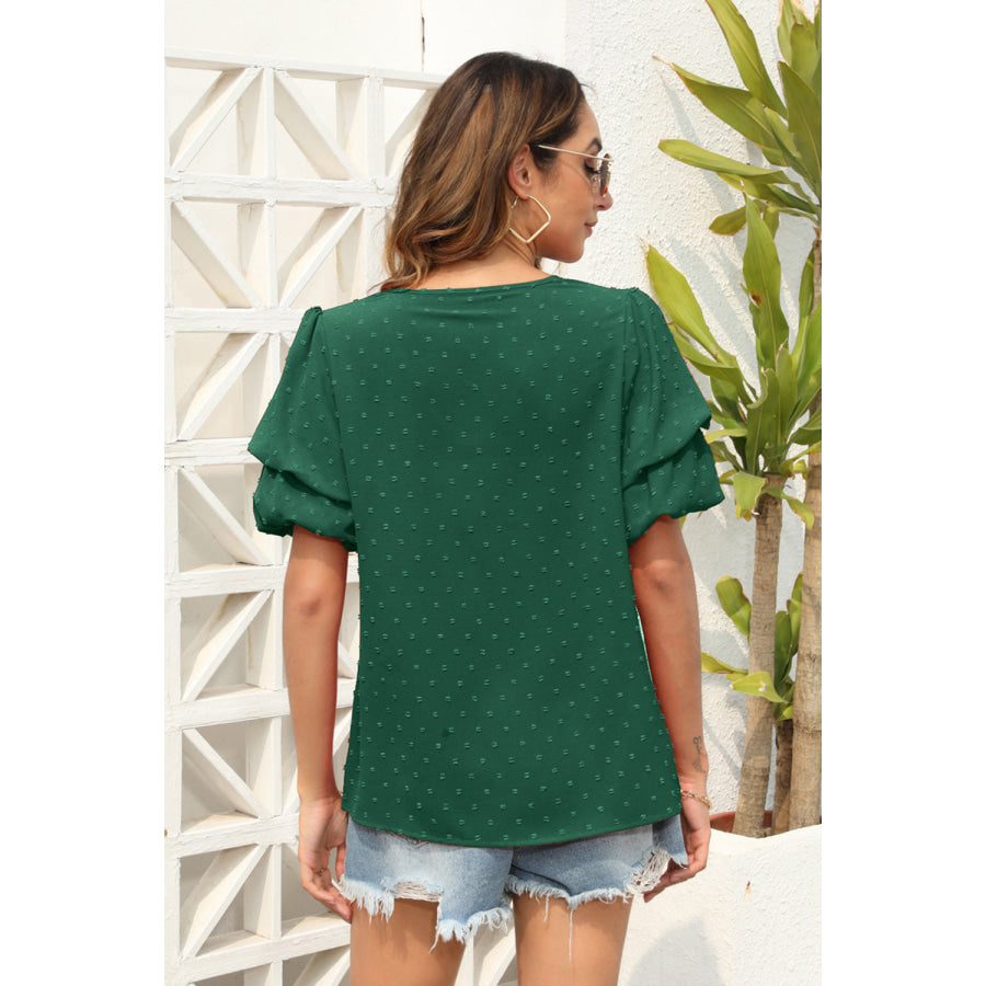 Swiss Dot V - Neck Short Sleeve Blouse Apparel and Accessories