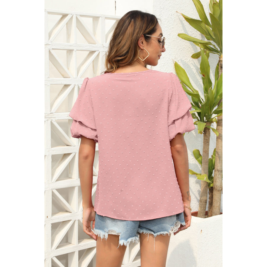 Swiss Dot V - Neck Short Sleeve Blouse Apparel and Accessories