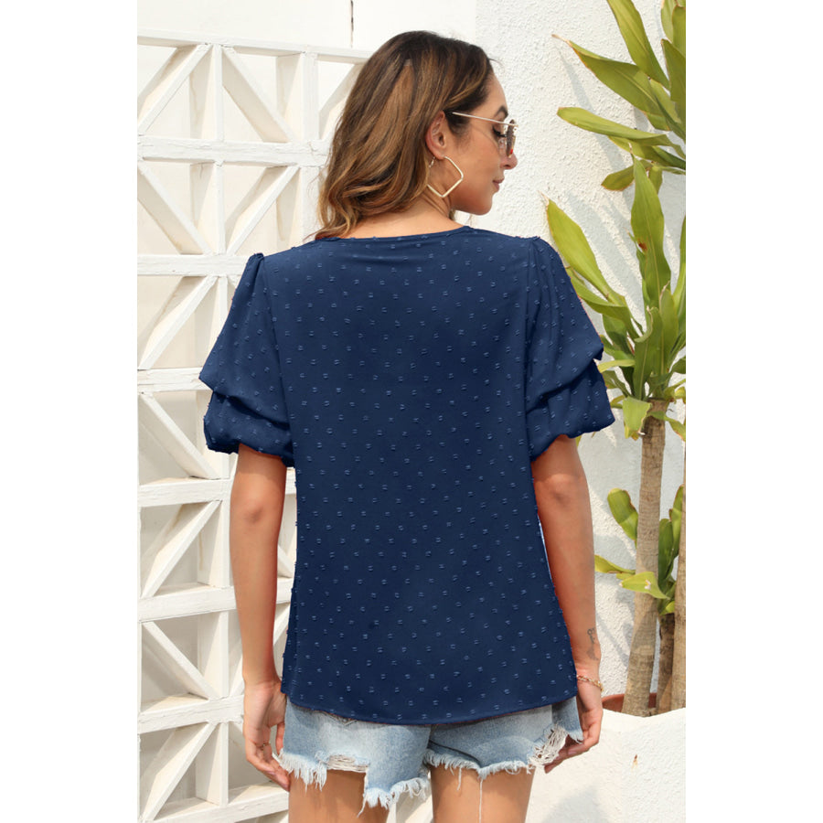 Swiss Dot V - Neck Short Sleeve Blouse Apparel and Accessories