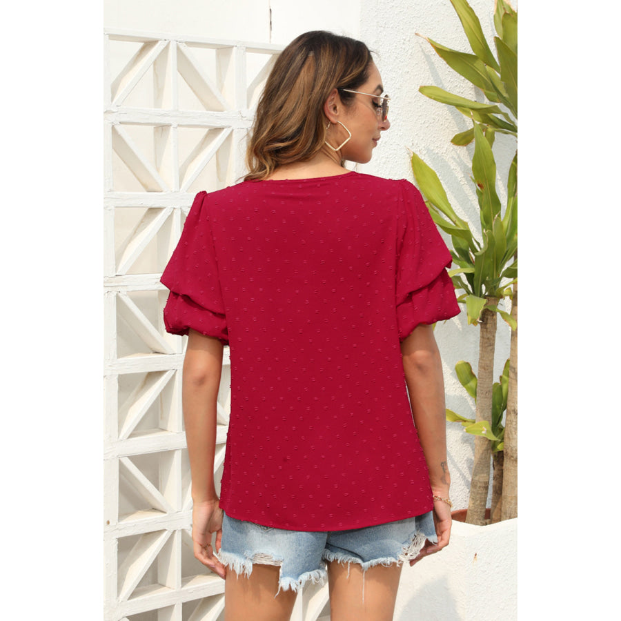 Swiss Dot V - Neck Short Sleeve Blouse Apparel and Accessories