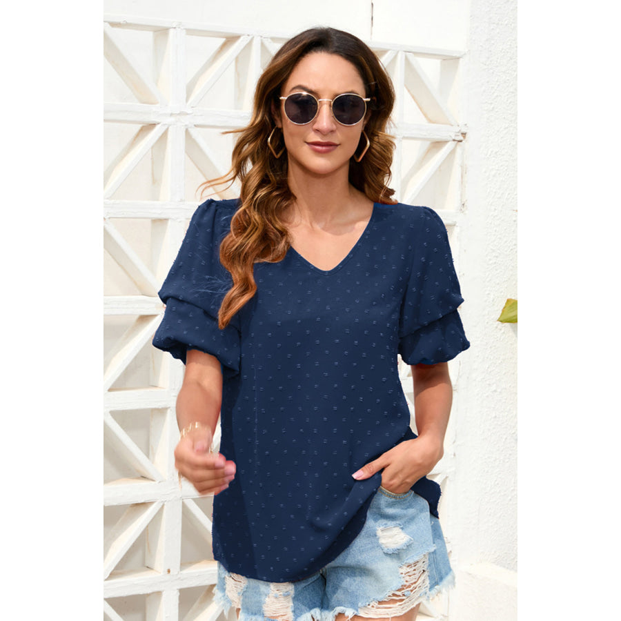 Swiss Dot V - Neck Short Sleeve Blouse Apparel and Accessories