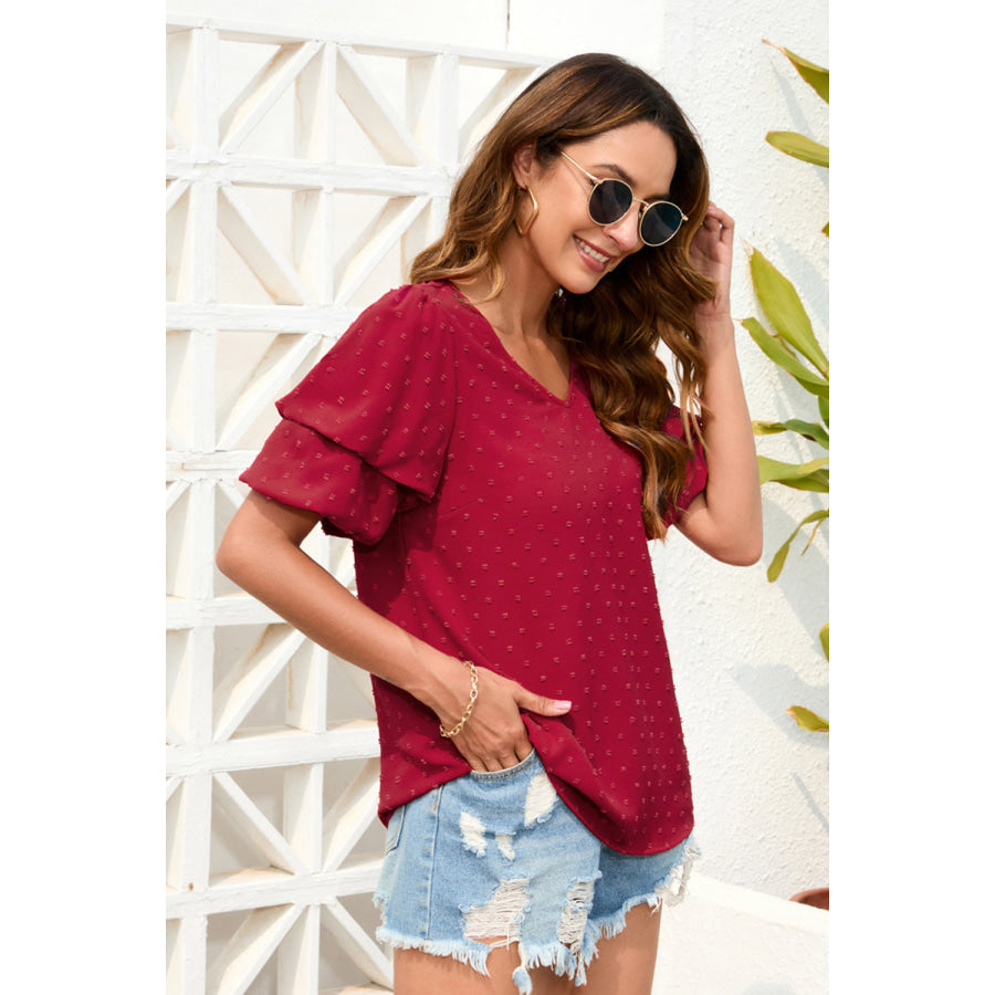 Swiss Dot V - Neck Short Sleeve Blouse Deep Red / S Apparel and Accessories