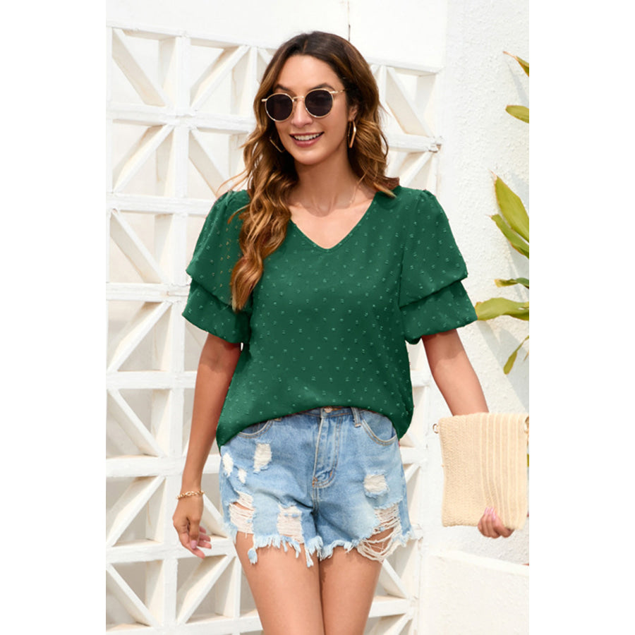 Swiss Dot V - Neck Short Sleeve Blouse Green / S Apparel and Accessories