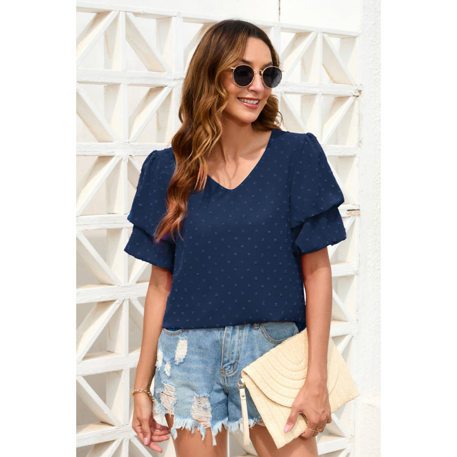 Swiss Dot V - Neck Short Sleeve Blouse Navy / S Apparel and Accessories