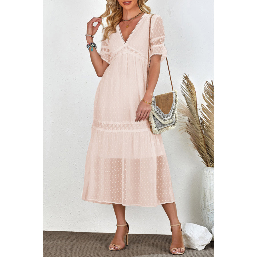 Swiss Dot V-Neck Short Sleeve Midi Dress Peach / S