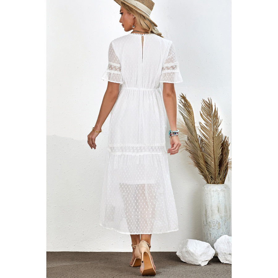 Swiss Dot V-Neck Short Sleeve Midi Dress White / S