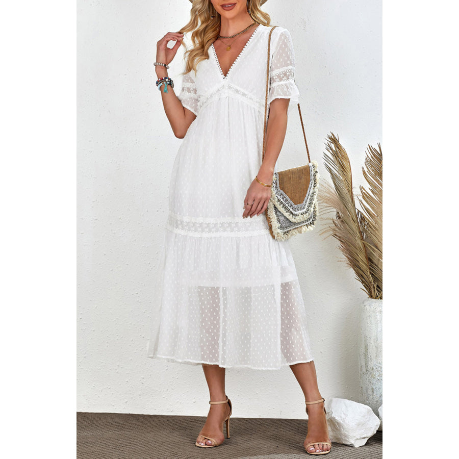 Swiss Dot V-Neck Short Sleeve Midi Dress White / S