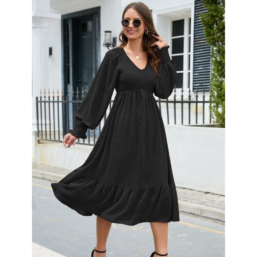 Swiss Dot V-Neck Smocked Lantern Sleeve Ruffle Hem Dress Black / S Clothing