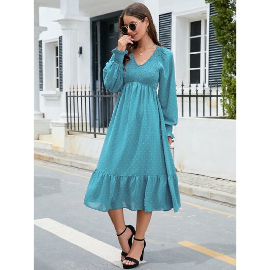 Swiss Dot V-Neck Smocked Lantern Sleeve Ruffle Hem Dress Turquoise / S Clothing