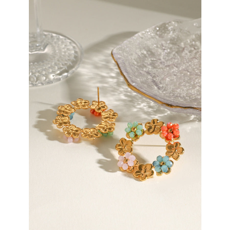 Synthetic Crystal Stainless Steel Flower Earrings Gold / One Size Apparel and Accessories