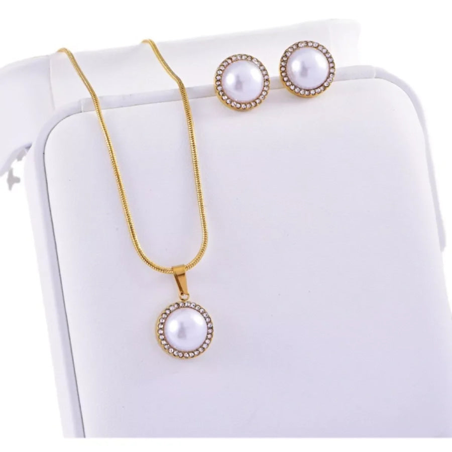 Synthetic Pearl 18K Gold-Plated Rhinestone Necklace and Earrings Jewelry Set Gold / One Size Apparel and Accessories