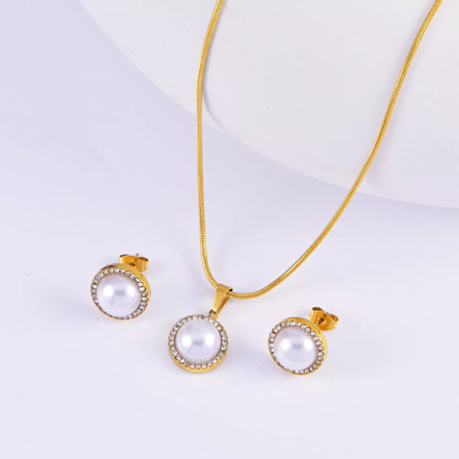 Synthetic Pearl 18K Gold-Plated Rhinestone Necklace and Earrings Jewelry Set Gold / One Size Apparel and Accessories