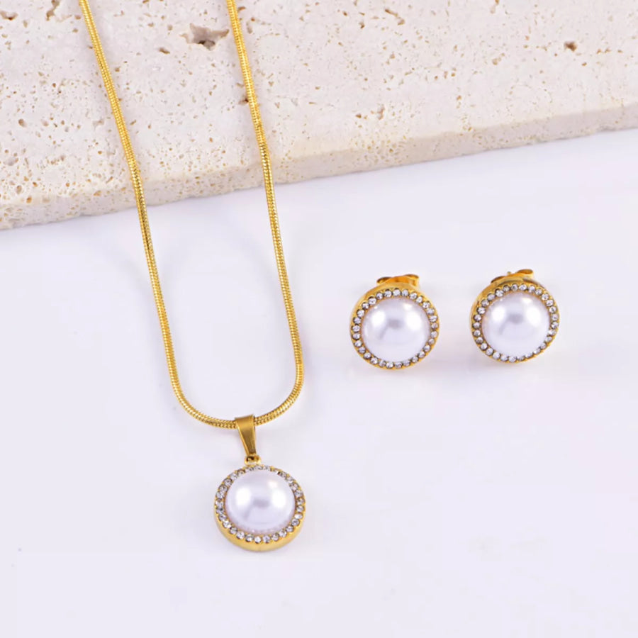 Synthetic Pearl 18K Gold-Plated Rhinestone Necklace and Earrings Jewelry Set Gold / One Size Apparel and Accessories