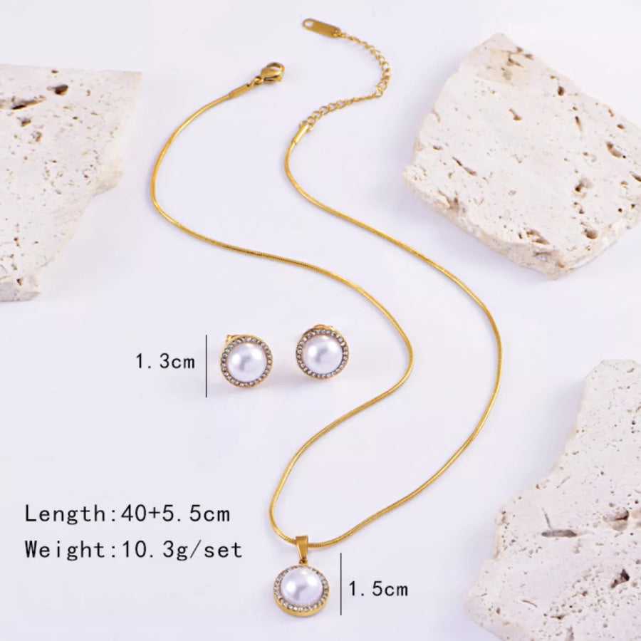 Synthetic Pearl 18K Gold-Plated Rhinestone Necklace and Earrings Jewelry Set Gold / One Size Apparel and Accessories