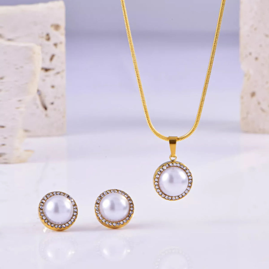 Synthetic Pearl 18K Gold-Plated Rhinestone Necklace and Earrings Jewelry Set Gold / One Size Apparel and Accessories