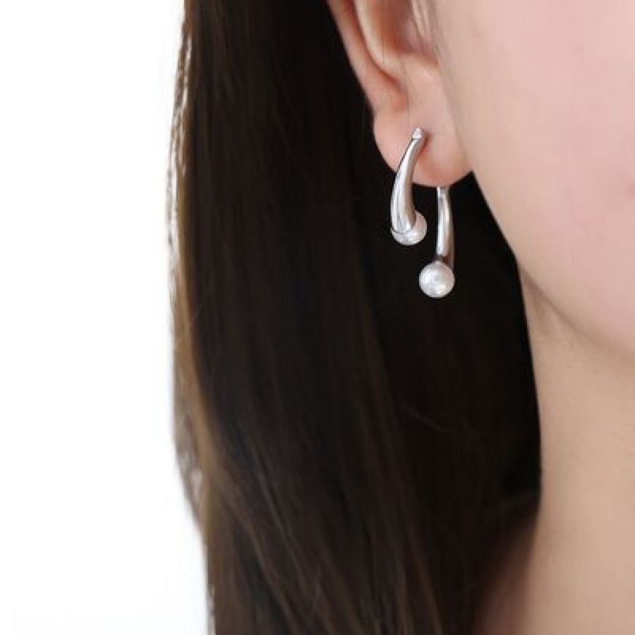 Synthetic Pearl Asymmetrical Titanium Steel Earrings Silver / One Size Apparel and Accessories