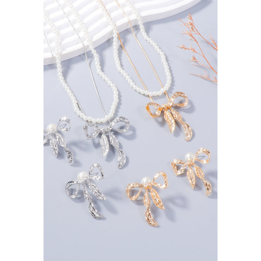 Synthetic Pearl Necklace Bow Necklace and Bow Earrings Jewelry Set Apparel and Accessories