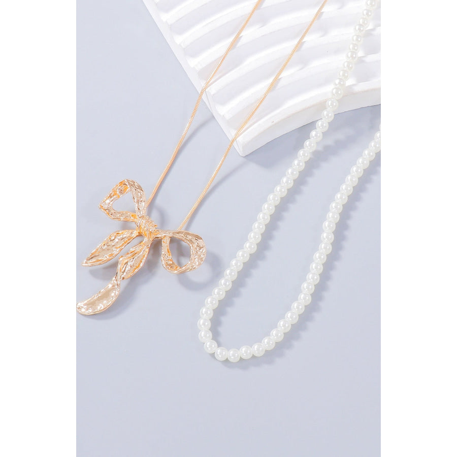 Synthetic Pearl Necklace Bow Necklace and Bow Earrings Jewelry Set Apparel and Accessories