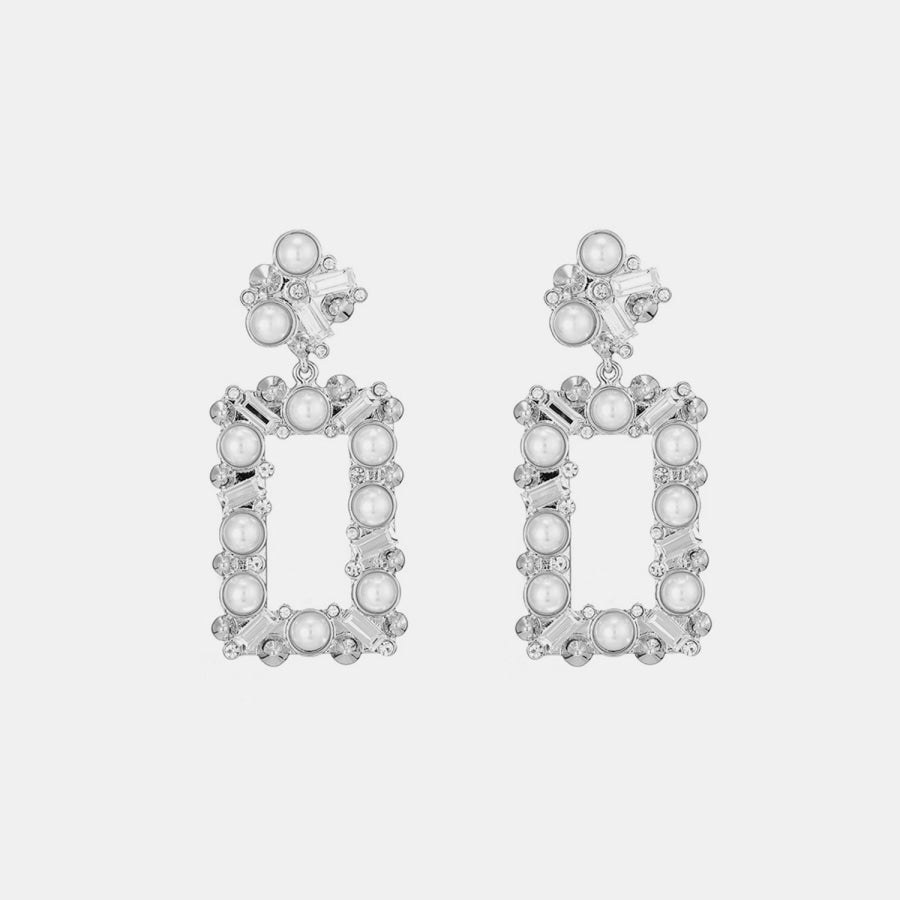 Synthetic Pearl Rhinestone Geometric Shape Dangle Earrings Silver / One Size Apparel and Accessories