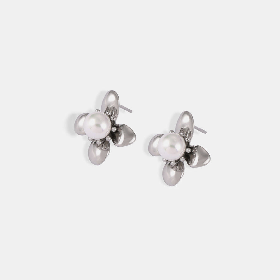 Synthetic Pearl Titanium Steel Flower Earrings Apparel and Accessories