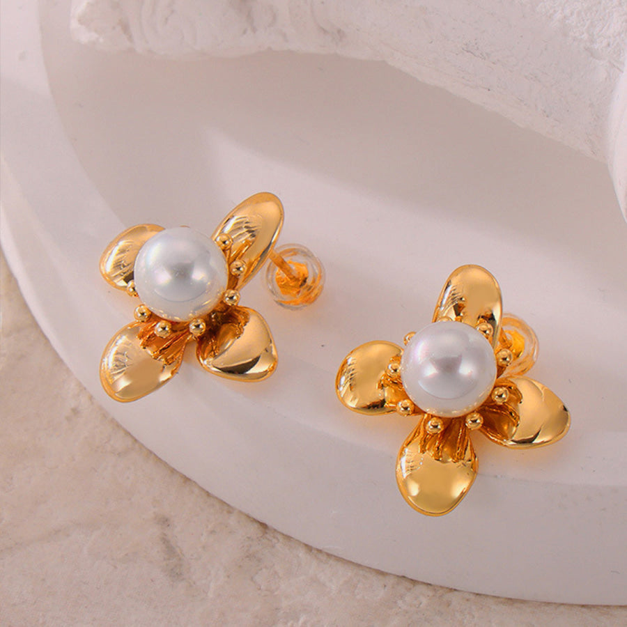 Synthetic Pearl Titanium Steel Flower Earrings Apparel and Accessories