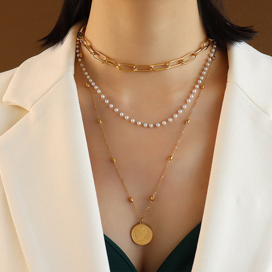 Synthetic Pearl Titanium Steel Three - Layered Necklace Gold / One Size Apparel and Accessories