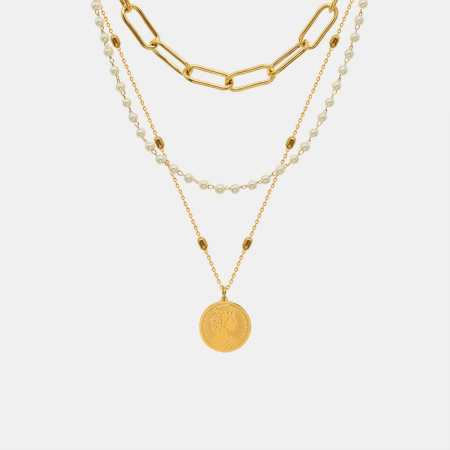 Synthetic Pearl Titanium Steel Three - Layered Necklace Gold / One Size Apparel and Accessories