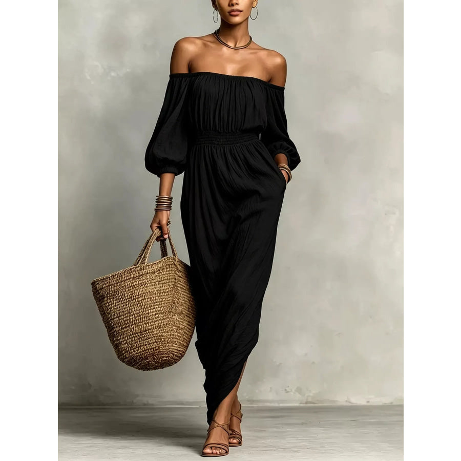t Off-Shoulder Smocked Waist Maxi Dress Black / S Apparel and Accessories