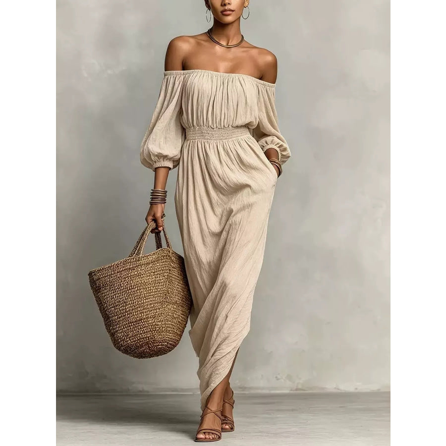 t Off-Shoulder Smocked Waist Maxi Dress Khaki / S Apparel and Accessories