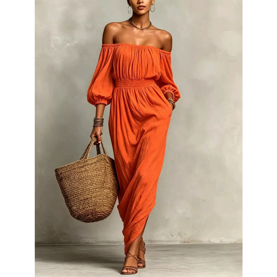t Off-Shoulder Smocked Waist Maxi Dress Orange / S Apparel and Accessories