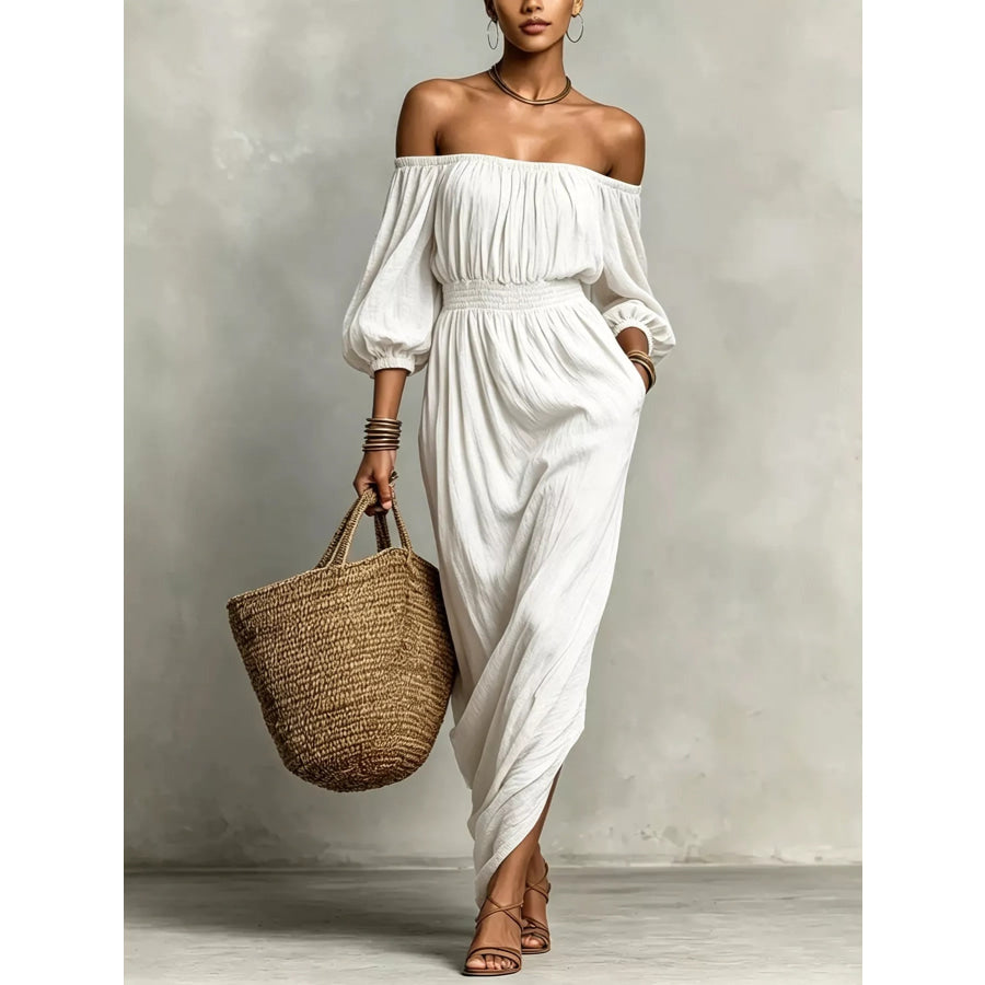 t Off-Shoulder Smocked Waist Maxi Dress White / S Apparel and Accessories