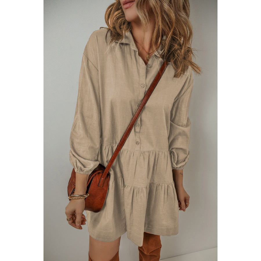 Tan Puff Sleeve Buttoned Tiered Pleated Shirt Mini Dress Dresses/Mini Dresses