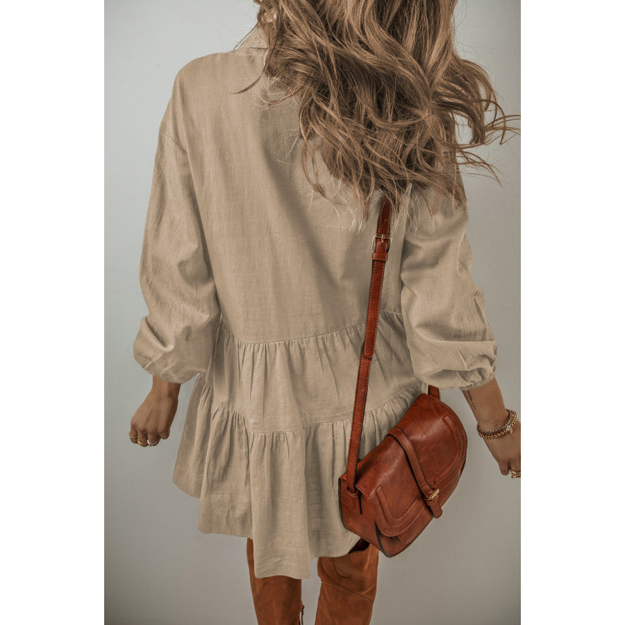 Tan Puff Sleeve Buttoned Tiered Pleated Shirt Mini Dress Dresses/Mini Dresses