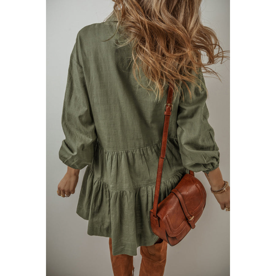Tan Puff Sleeve Buttoned Tiered Pleated Shirt Mini Dress Dresses/Mini Dresses