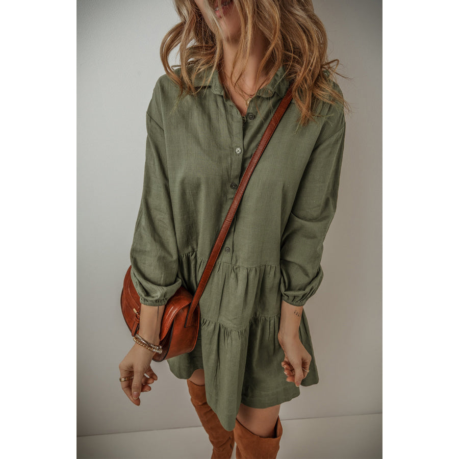 Tan Puff Sleeve Buttoned Tiered Pleated Shirt Mini Dress Dresses/Mini Dresses
