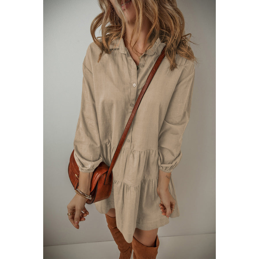 Tan Puff Sleeve Buttoned Tiered Pleated Shirt Mini Dress Dresses/Mini Dresses