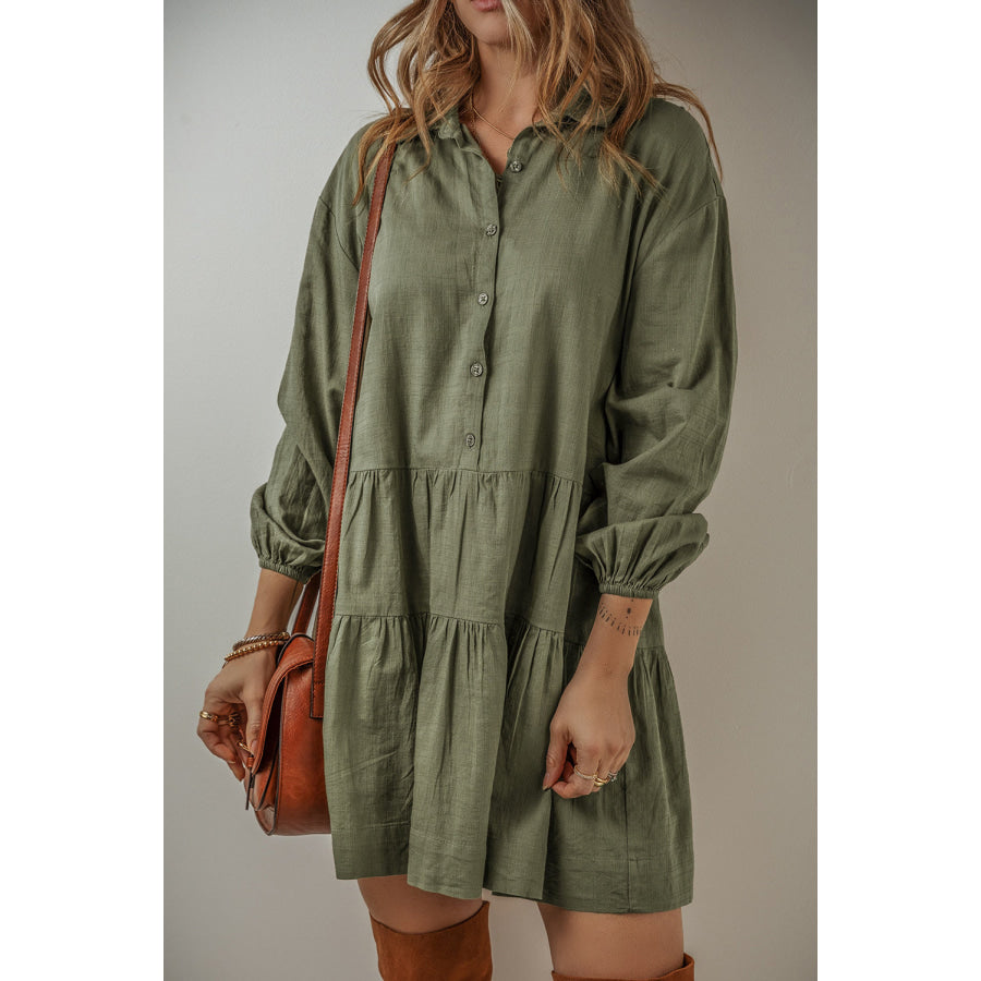 Tan Puff Sleeve Buttoned Tiered Pleated Shirt Mini Dress Jungle Green / S / 92% Viscose + 8% Linen Dresses/Mini Dresses