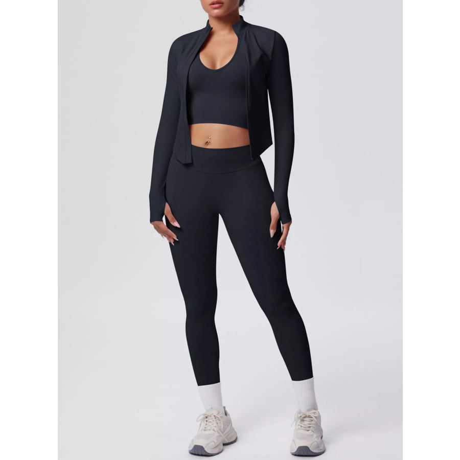 Tank & Zip-Up Jacket and Leggings Three-Piece Active Set Black / S Apparel and Accessories
