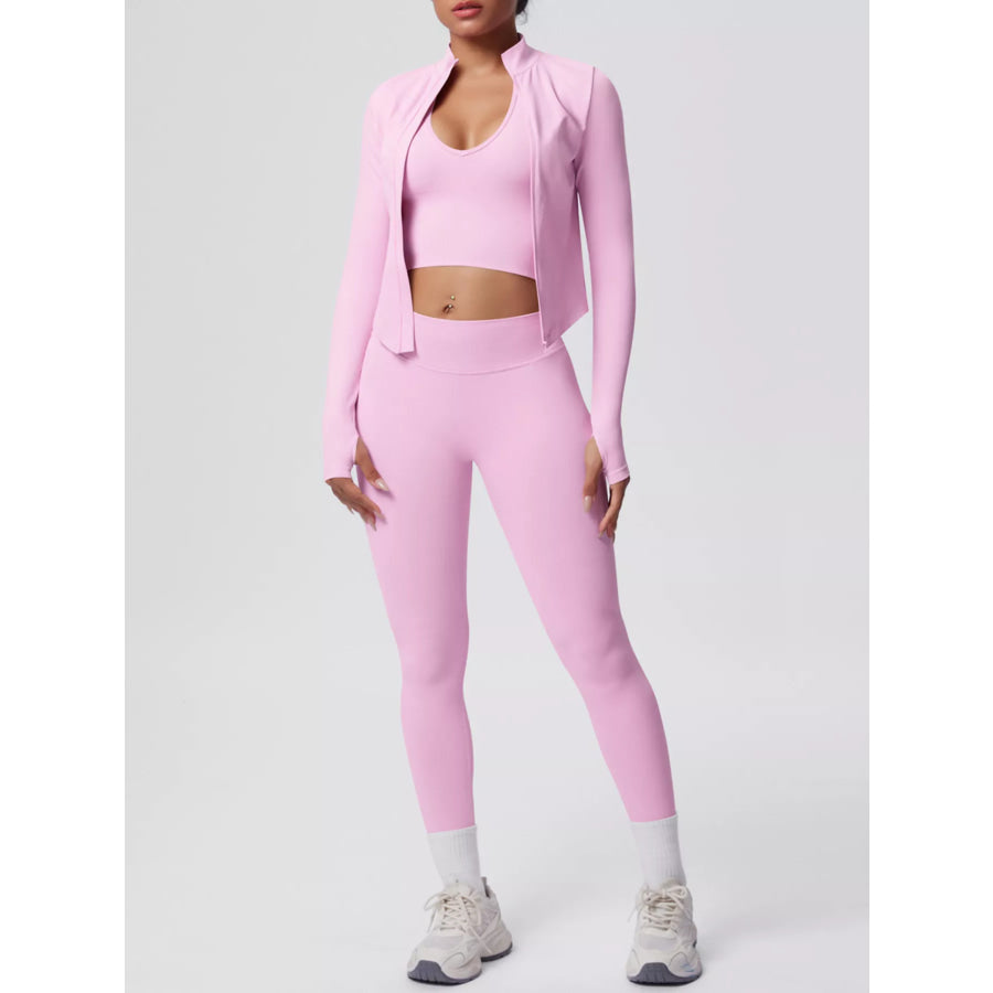 Tank & Zip-Up Jacket and Leggings Three-Piece Active Set Blush Pink / S Apparel and Accessories
