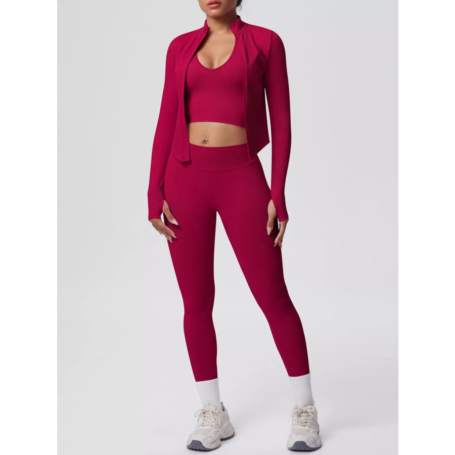 Tank & Zip-Up Jacket and Leggings Three-Piece Active Set Cerise / S Apparel and Accessories