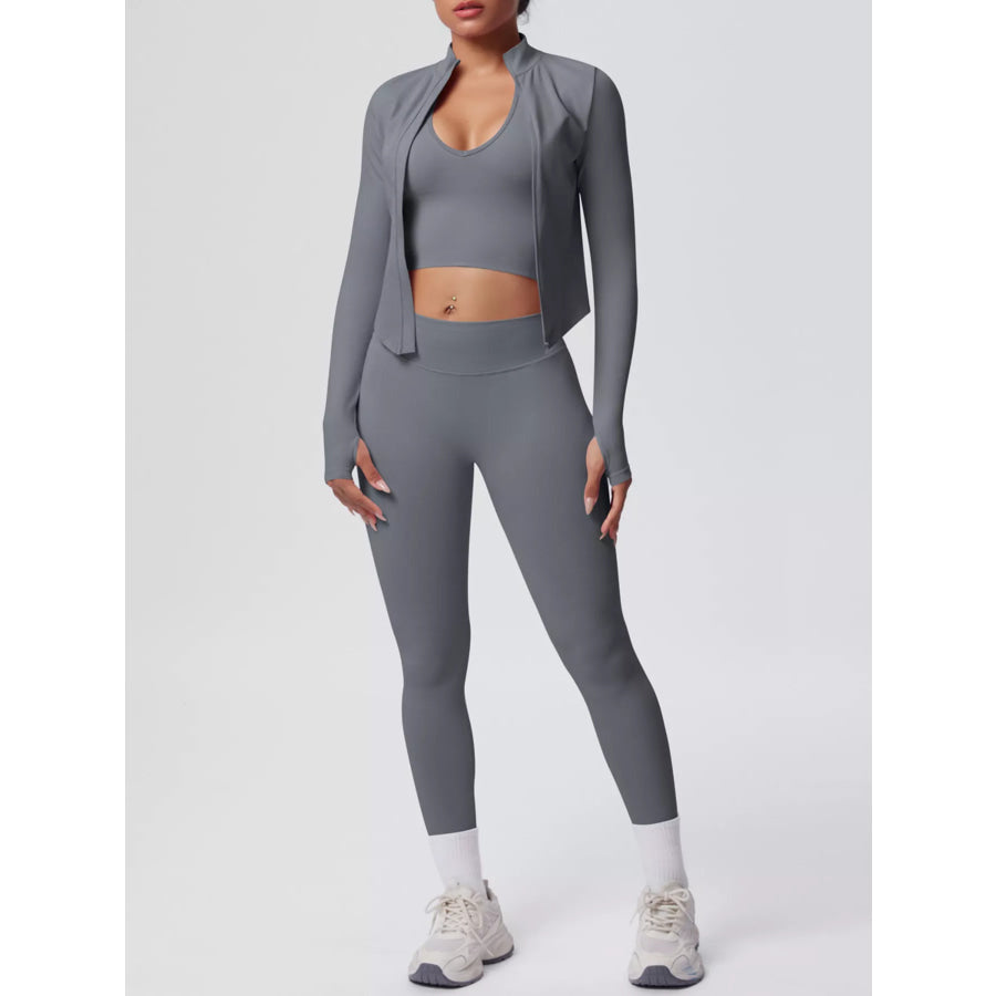 Tank & Zip-Up Jacket and Leggings Three-Piece Active Set Gray / S Apparel and Accessories