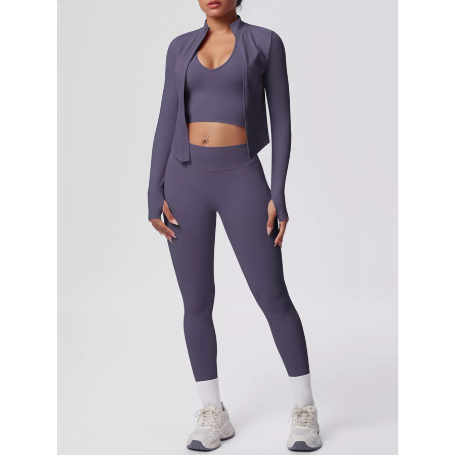 Tank & Zip-Up Jacket and Leggings Three-Piece Active Set Mauve / S Apparel and Accessories