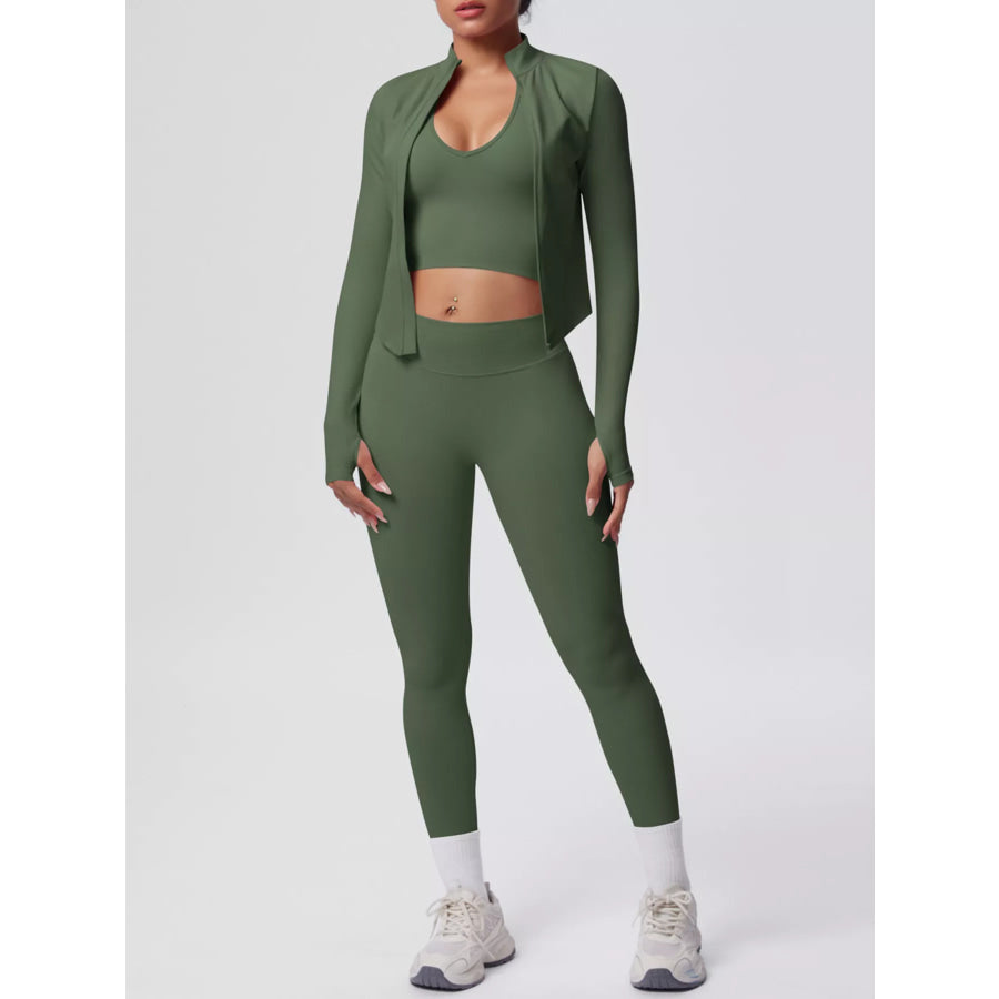 Tank & Zip-Up Jacket and Leggings Three-Piece Active Set Moss / S Apparel and Accessories