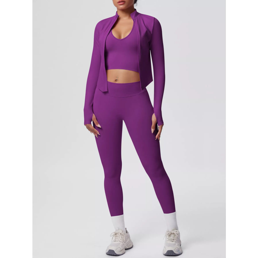 Tank & Zip-Up Jacket and Leggings Three-Piece Active Set Purple / S Apparel and Accessories