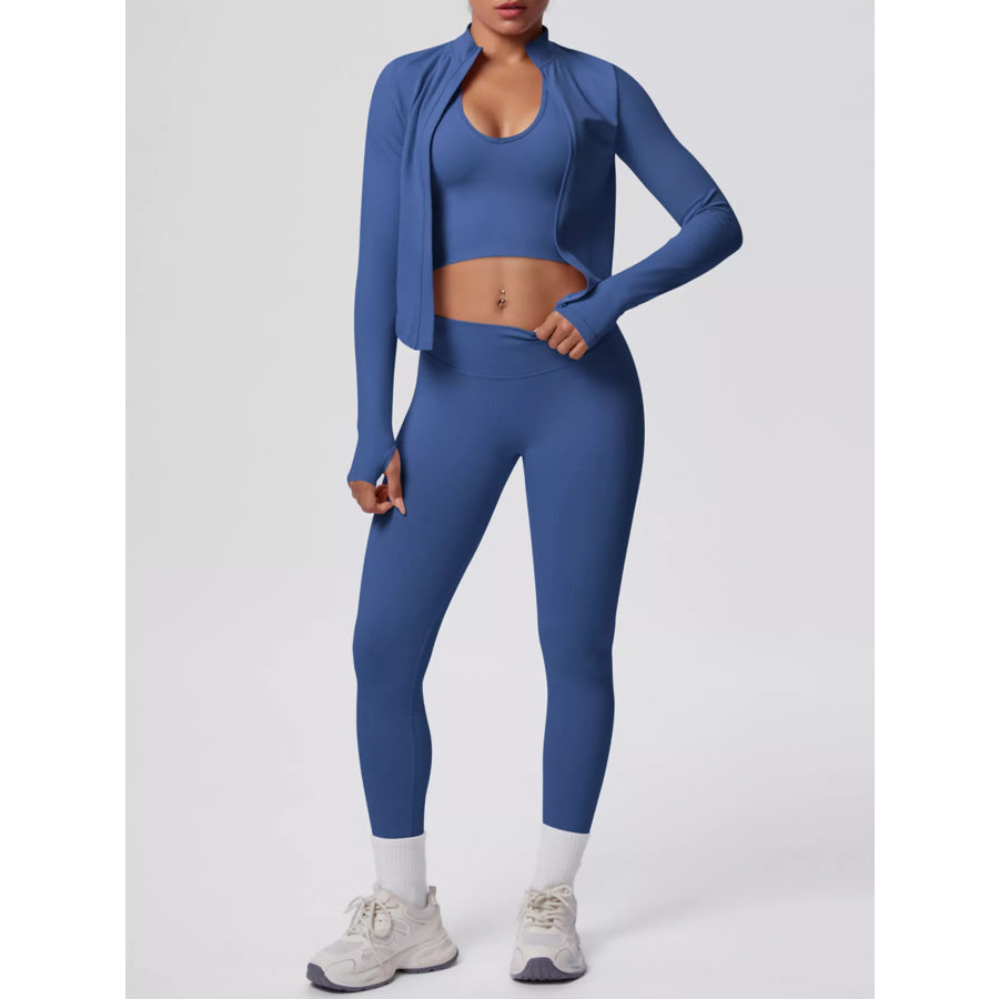 Tank & Zip-Up Jacket and Leggings Three-Piece Active Set Royal Blue / S Apparel and Accessories