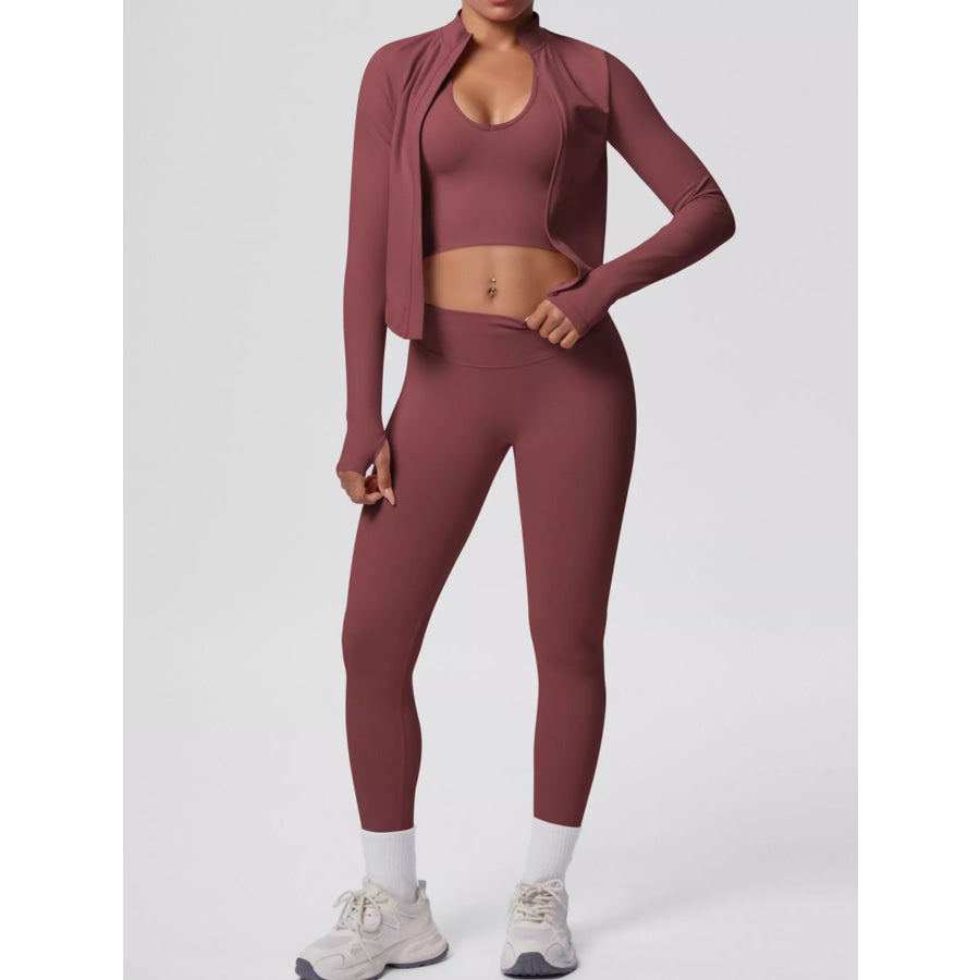 Tank & Zip-Up Jacket and Leggings Three-Piece Active Set Rust / S Apparel and Accessories