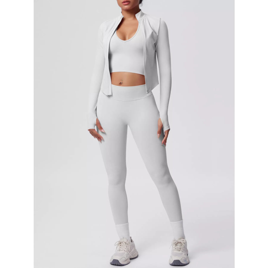 Tank & Zip-Up Jacket and Leggings Three-Piece Active Set White / S Apparel and Accessories